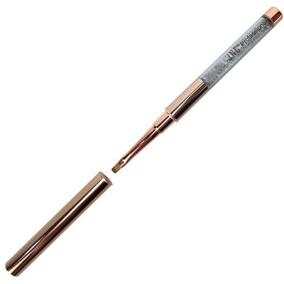 Pincel de maquilhagem com cabo cinzento translúcido e detalhes dourado rosa