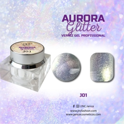 Verniz gel Aurora Glitter JNC Janice, embalagem transparente com tampa metálica, amostras brilhantes prateadas