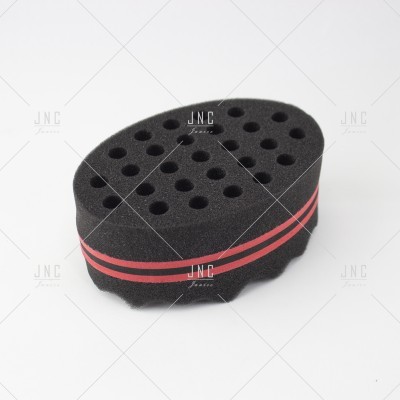 Esponja preta para cabelo com faixas vermelhas e furos