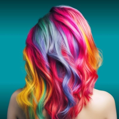 Cabelo comprido ondulado com várias cores vibrantes, visto de costas