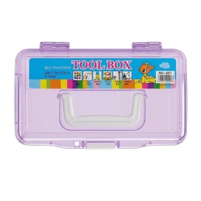 Caixa de ferramentas multifuncional transparente lilás com pega branca