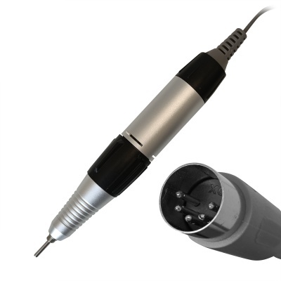 Caneta elétrica prateada e preta com conector circular cinza