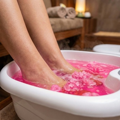 Pés numa bacia com água cor-de-rosa e cristais de sal