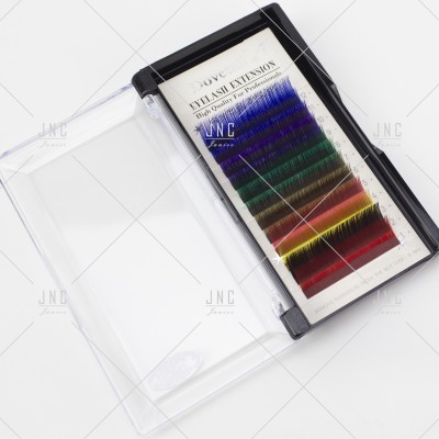 Estojo transparente com pestanas coloridas organizadas em fileiras