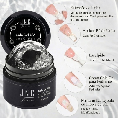 Cola Gel UV para Cristais JNC Janice com instruções de uso em unhas decoradas