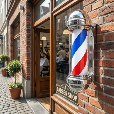 Poste de barbearia tradicional colorido em espiral em parede de tijolos vermelhos perto de porta de vidro de barbearia