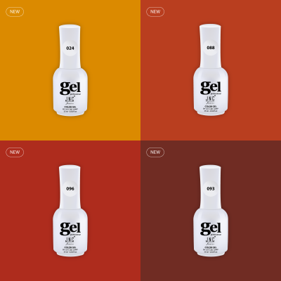 Quatro frascos brancos de verniz gel JNC sobre fundos coloridos sólidos