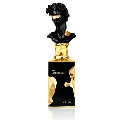 Frasco de perfume preto e dourado com busto escultórico