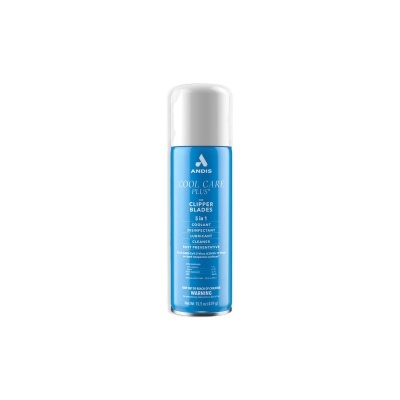 Lata azul de spray ANDIS COOL CARE PLUS para lâminas de máquinas de cortar cabelo com tampa branca.