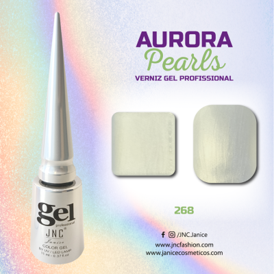 Frasco de verniz gel JNC Aurora Pearls cor 268 com amostras da cor perolada