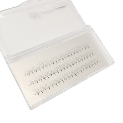 Estojo plástico transparente com cílios artificiais agrupados em tufos pretos