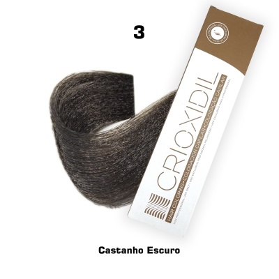 Amostra de cabelo sintético castanho escuro com embalagem branca e castanha da marca CROIXDIL