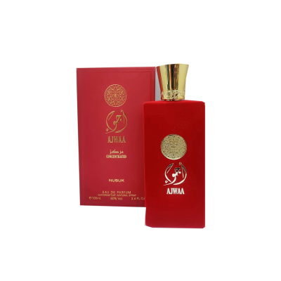 Frasco de perfume vermelho AJWAA com caixa vermelha ao lado
