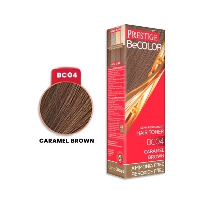 Tinte cabelo Prestige BeColor Caramel Brown BC04 em caixa vermelha e dourada com amostra da cor