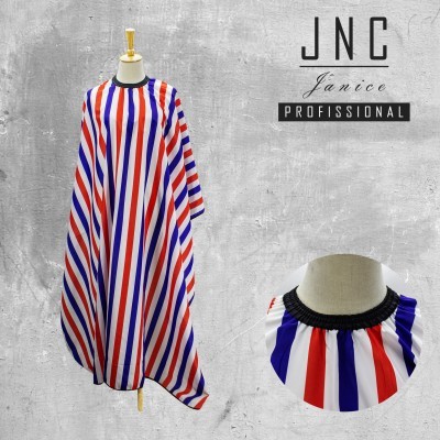 Capa de cabeleireiro colorida com riscas verticais nas cores vermelho, azul e branco