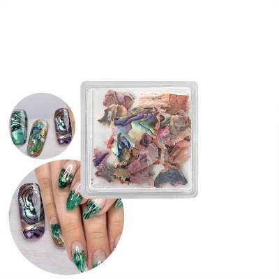 Lascas de concha abalone colorida para unhas com decoração mostrada em duas imagens circulares