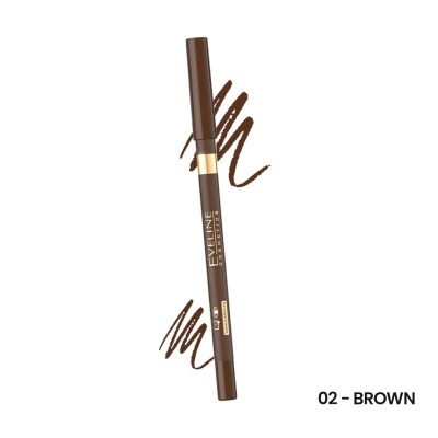 Lápis de sobrancelha castanho Eveline Cosmetics com textura do produto e texto 02 - BROWN