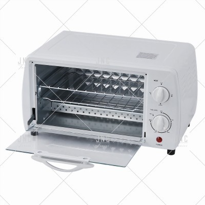 forno elétrico branco com portinhola aberta e dois botões de controlo