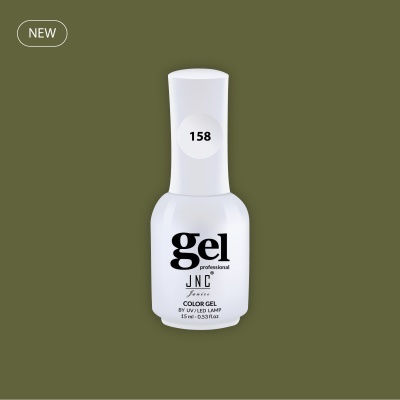 Frasco branco de verniz gel profissional JNC Cosméticos número 158 sobre fundo verde