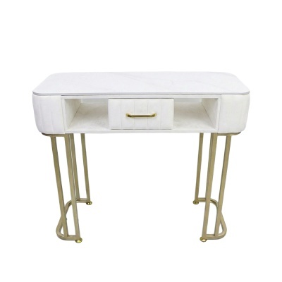 Mesa branca com gaveta e pernas metálicas douradas