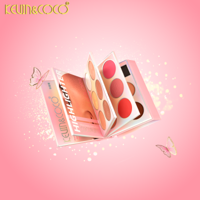 Paleta de maquilhagem KEVIN&COCO com vários tons de pós e blushes rosa, vermelho e castanho