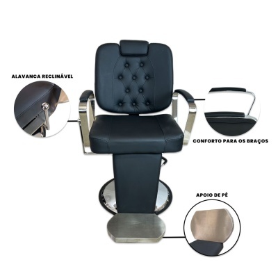 cadeira de barbeiro preta com apoio de braços e reclinável