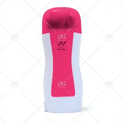 Frasco plástico branco e rosa com tampa rosa e texto JNC