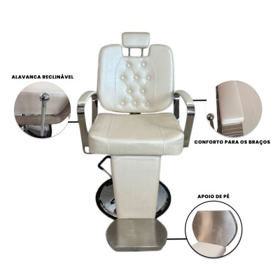 Cadeira reclinável de cabeleireiro bege com apoio de cabeça e metal