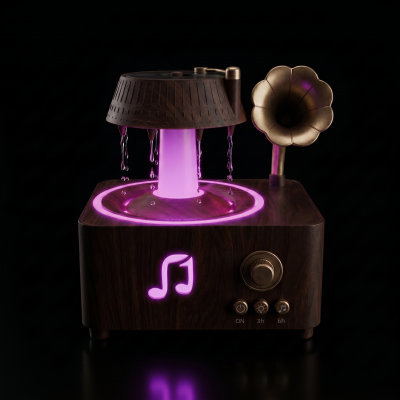 Máquina de som e vapor em madeira e metal com luzes LED roxas