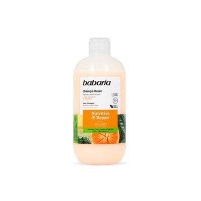 Frasco de champô Babaria Nutritive & Repair com etiqueta branca e detalhes laranja e verde.