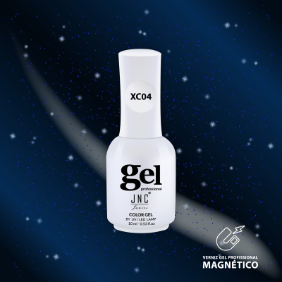 Frasco branco de verniz gel profissional magnético com etiqueta XC04 sobre fundo estrelado