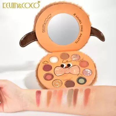 Paleta de sombras KEVIN&COCO 11 cores com embalagem redonda laranja e orelhas castanhas em feltro.