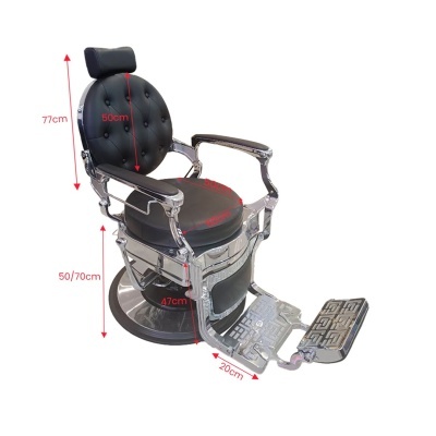 Cadeira de barbeiro preta com estrutura cromada, encosto ajustável e apoio para pés dobrável.