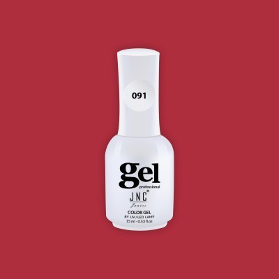 Frasco branco de verniz gel para unhas JNC Professional 091 sobre fundo vermelho