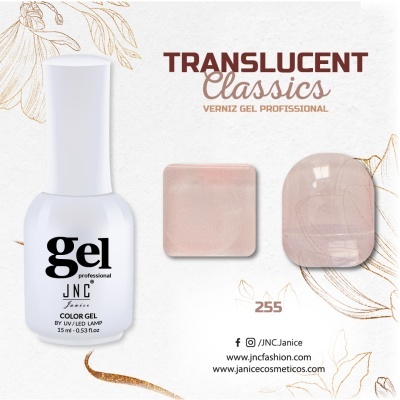 Verniz gel profissional translúcido cor bege rosado 255 com frasco branco e texto preto