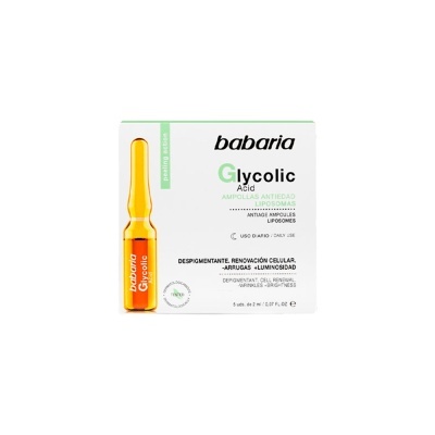 Caixa branca com ampolas antigidade Babaria Glycolic Acid e ampola laranja