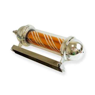 Relógio de parede cylindrical com acabamento metálico prateado e vidro laranja decorado com riscas douradas