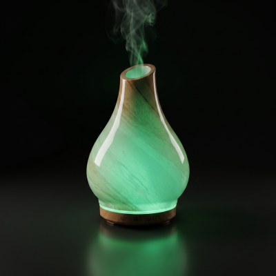 Difusor de aromas em vidro com luz verde e base em madeira a emitir vapor