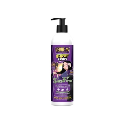 Frasco de leave-in com rótulo roxo e ilustração de mulher