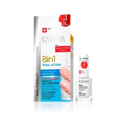 Produto cosmético Eveline 8in1 Total Action para tratamento de unhas com embalagem branca ao lado do frasco