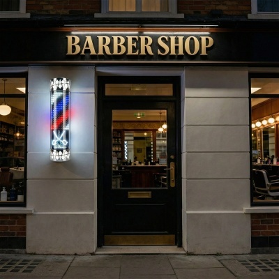 Fachada de barbearia com letreiro BARBER SHOP e placa luminosa colorida