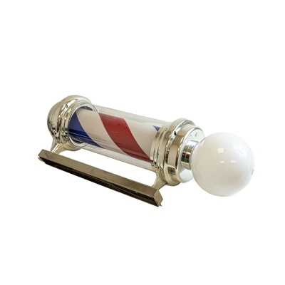 Barbearia decorativa com cilindro transparente e padrão vermelho, branco e azul