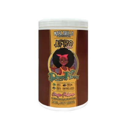 Pote branco com rótulo castanho e amarelo de máscara capilar Afro