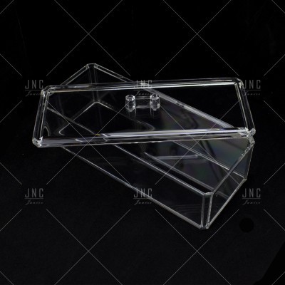 Caixa retangular transparente em acrílico com tampa removível