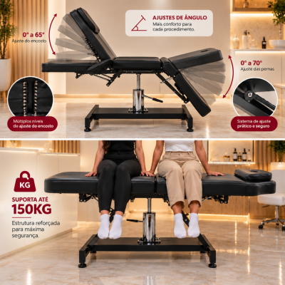 Cama de massagens preta ajustável com suporte metálico em ambiente interior