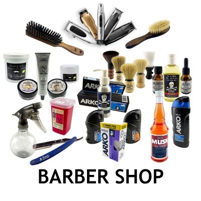 Produtos variados para barbearia com equipamentos e cosméticos em fundo branco e texto BARBER SHOP