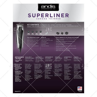 Embalagem do aparador Andis Superliner com texto informativo e fundo roxo