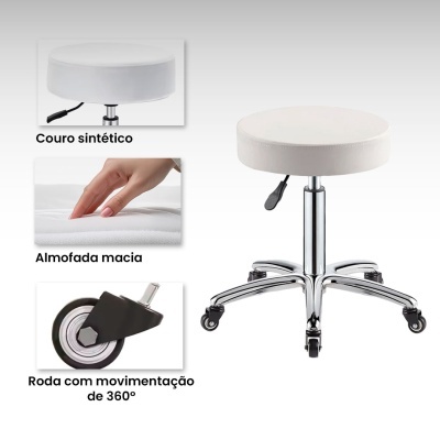 Cadeira baixa redonda branca com base cromada e rodas.