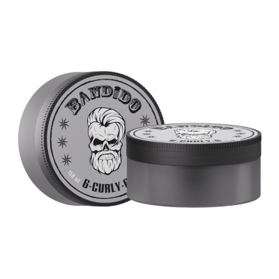 Embalagem redonda cinzenta com tampa preta e etiqueta com crânio e texto BANDIDO