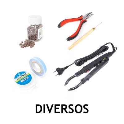 Ferramentas diversas incluindo alicate, fita adesiva, ferro de soldar e frasco com pequenos objetos sobre fundo branco com a palavra DIVERSOS